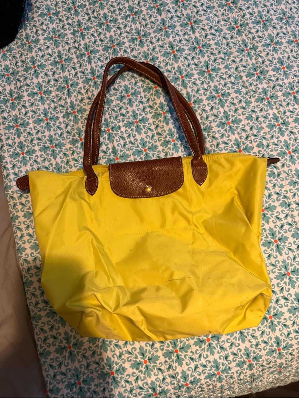 Longchamp Yellow Tote with Brown Trim